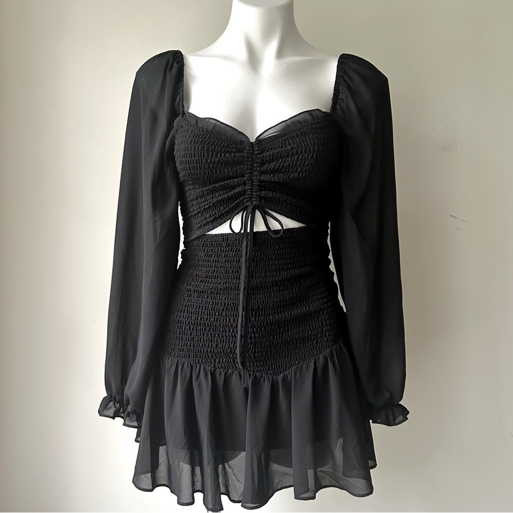 Wishful Thinking Black Long Sleeve Ruffled Mini Dress, S